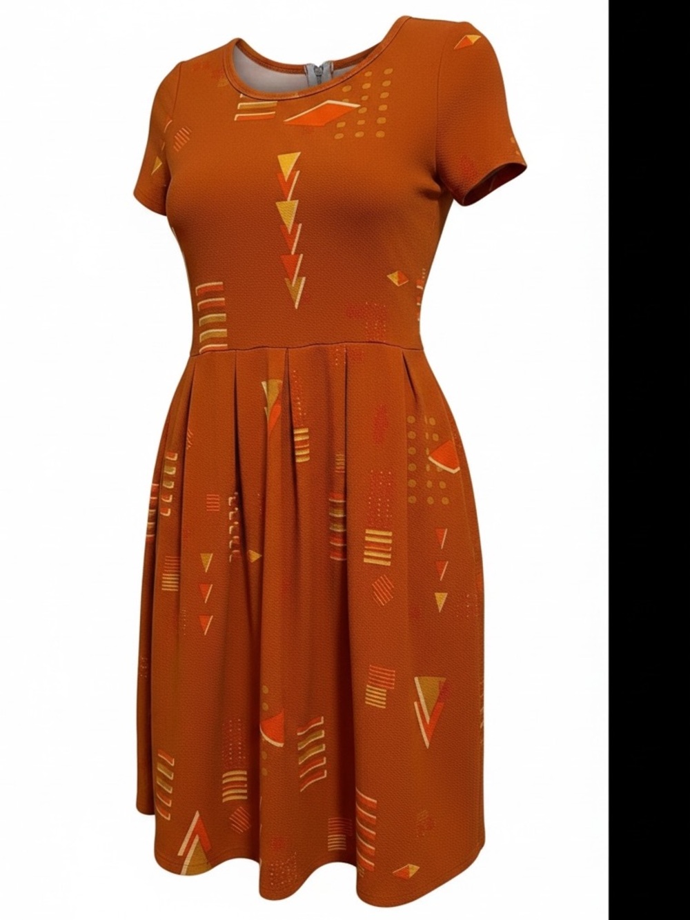 LuLaRoe Rust Orange Fit-and-Flare Mini Dress with Geometric Accents